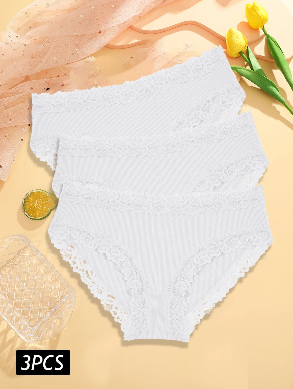 3PCS Set Women's Sexy Lace Cotton Low Rise Panties Floral Seamless Soft Breathable Underwear S-XL