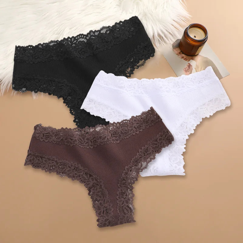 3PCS Women's Cotton Lace Brazilian Panties Soft Sexy Underwear Lingerie S-XL