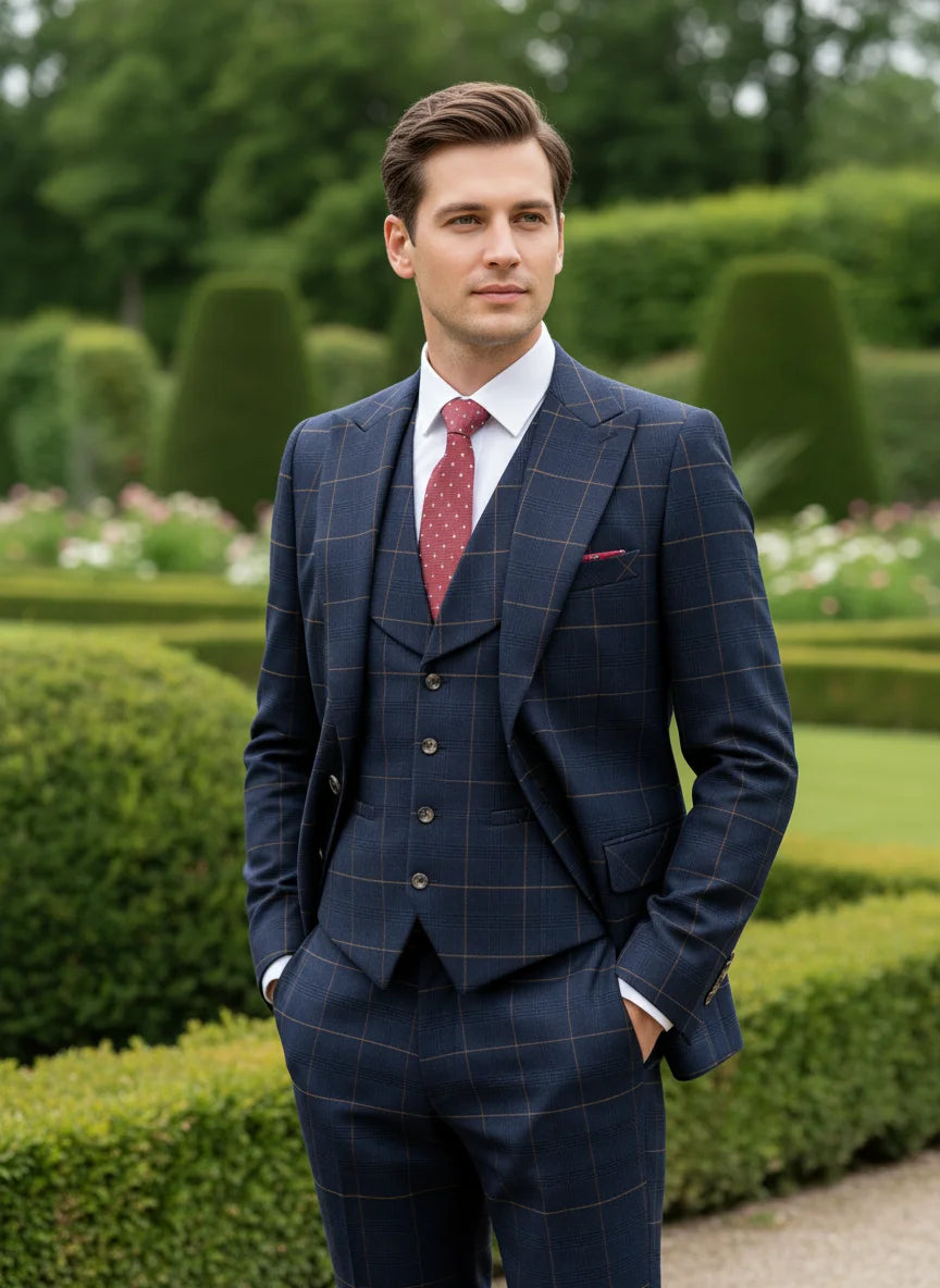 ST Cassy Men's 3-Piece Checkered Suit – Dark Blue Business, Wedding & Formal Outfit