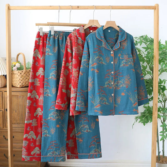 2025 Women's Cotton Pajama Set | Spring & Autumn Retro Color Long Sleeve Top & Pants | Two-Piece Homewear