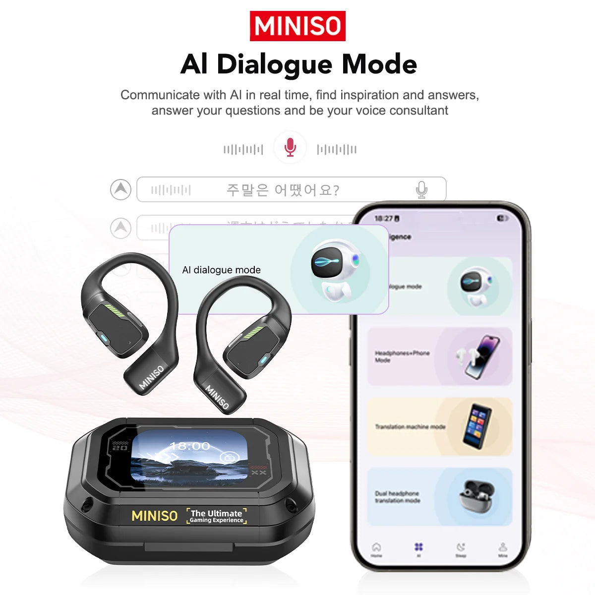 سماعات MINISO M98 AI Translator اللاسلكية - سماعات بلوتوث رياضية، سماعة ألعاب مع ASMR وترجمة التطبيقات، مقاومة للماء IPX5