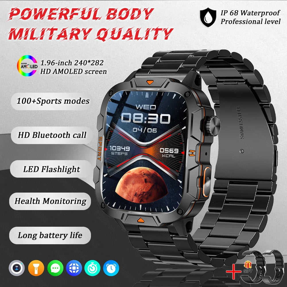 2025 New Military Smart Watch for Men – 1.96" AMOLED Display, 5ATM Waterproof Fitness Tracker | Bluetooth Call Smartwatch for Xiaomi