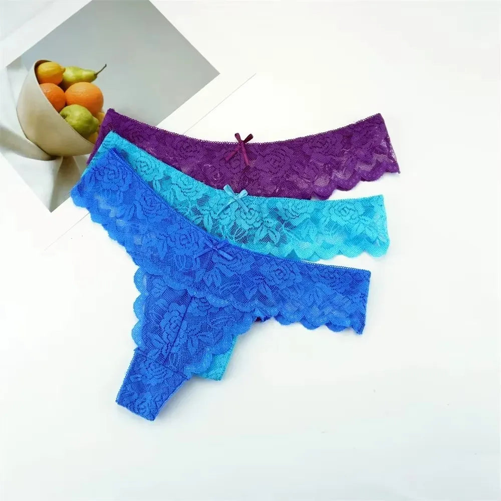 3PCS Ladies Sexy Low Waist Lace Thongs – Transparent G-String Panties, Soft Comfortable Underwear