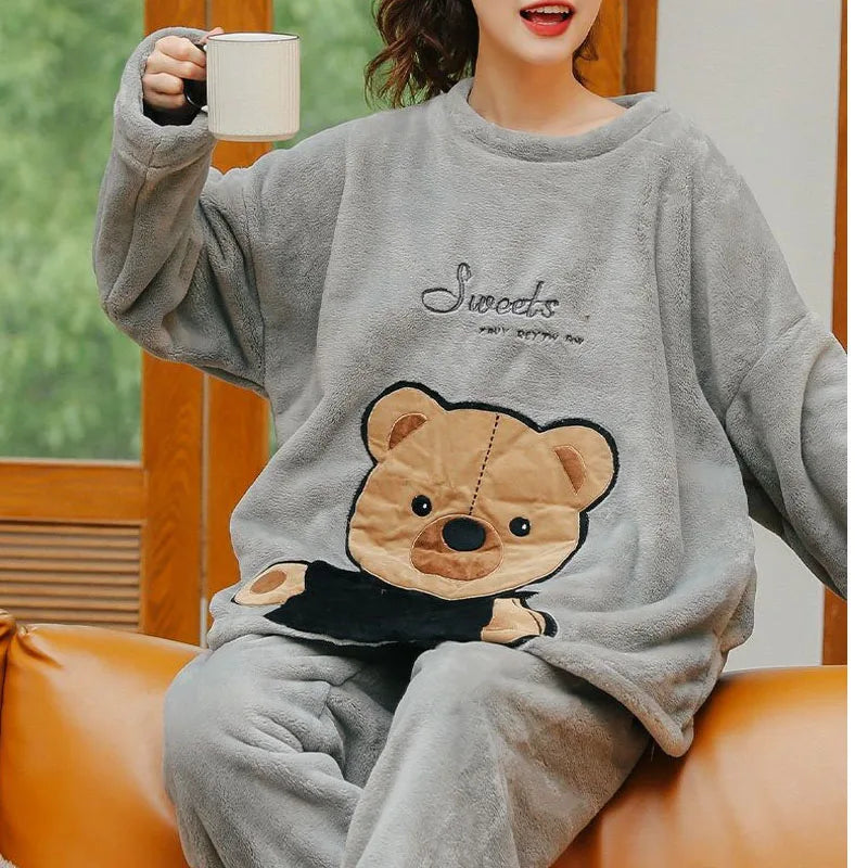 Thickened Warm Women's Pajama Set | Coral Velvet Top & Pants with Cartoon Bear | Large Size Fall & Winter 2-Piece Set