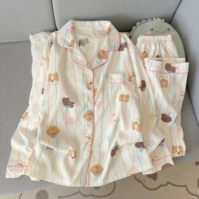 Autumn Women's Kawaii Pajama Set | Harajuku Style Line Star Dog Print 2-Piece Cute Loungewear