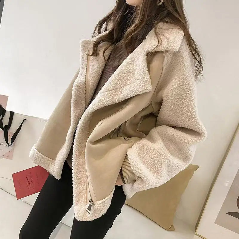 Chic Suede Lamb Fur Jacket Loose Fit Plus Size Cotton Coat Autumn Winter Fashion Outerwear for Plump Sisters