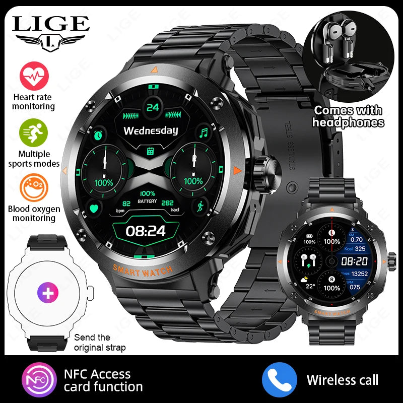 LIGE TWS Smart Watch with Wireless BT Earphones – NFC, Bluetooth Call, Heart Rate Monitor, Music Playback for Men