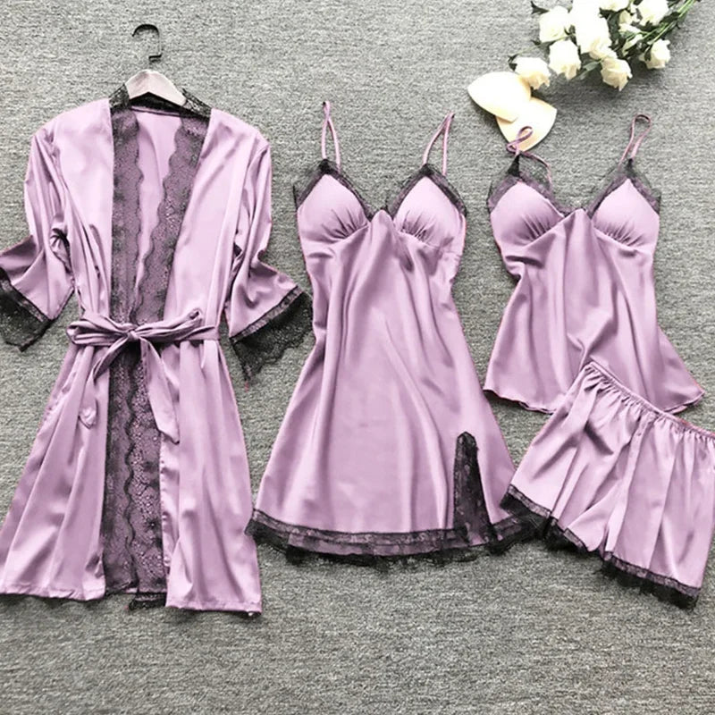 4PCS Women's Lace Pajama Set | V-Neck Nightdress with Chest Pads | Comfortable Home Sleepwear