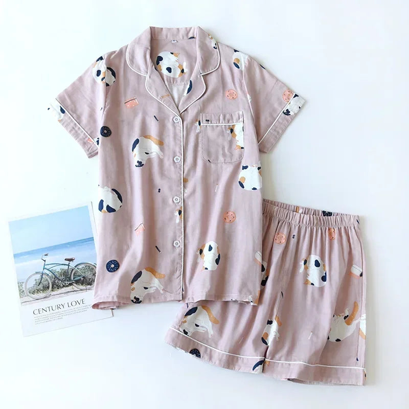 New 100% Cotton Short-Sleeved Pajama Set for Women | Cute Cartoon Japanese-Style Summer Sleepwear