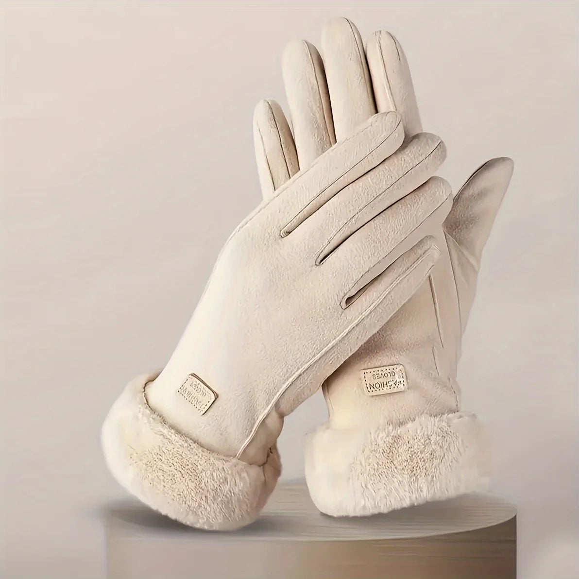 Beige Touchscreen Winter Gloves – Thick Plush-Lined Warm Outdoor Leisure Gloves for Comfortable Cold-Weather Protection