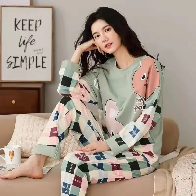 Women's Spring & Autumn Pajama Set | Long Sleeve Plus Size Loose Homewear | Simple Comfortable Sleepwear