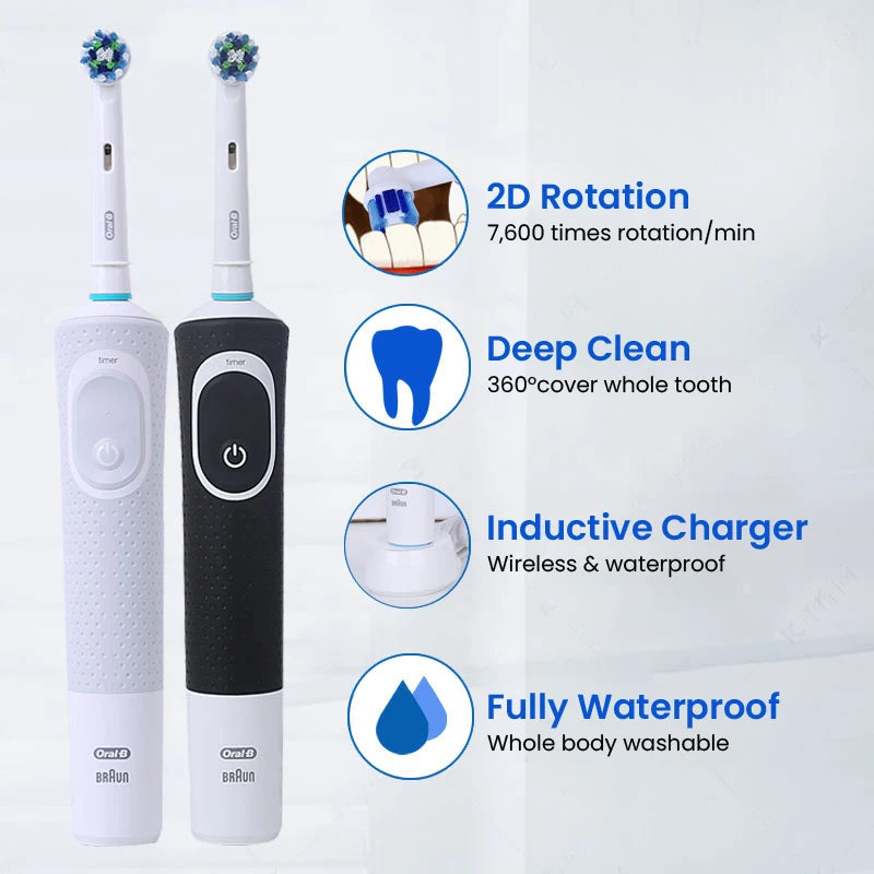 Oral-B D100 Electric Toothbrush • 2D Vitality Cleaning • Waterproof Rechargeable Toothbrush with Timer & Inductive Charger