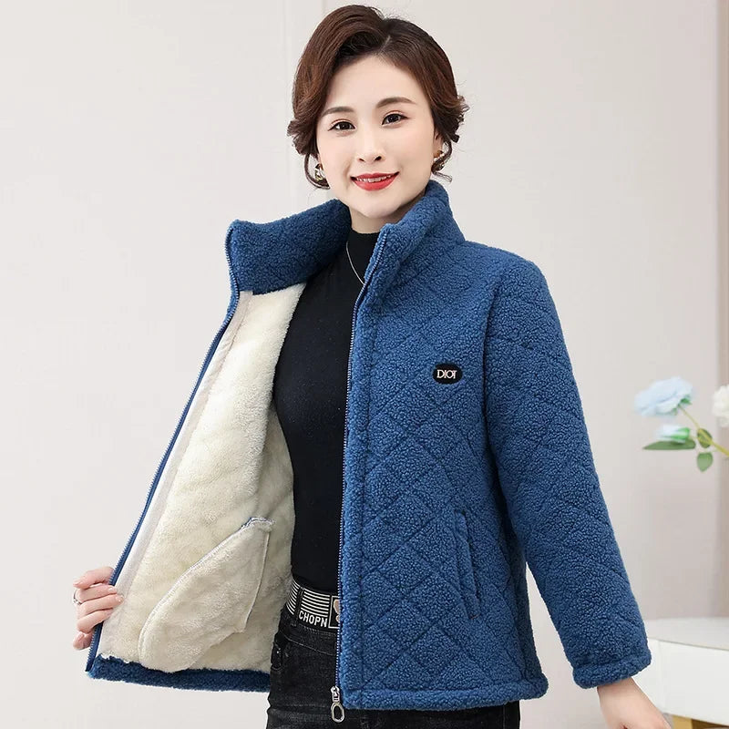 Middle-Aged & Elderly Women's Fleece-Lined Wool Sweatshirt Stand Collar Cardigan Winter Jacket