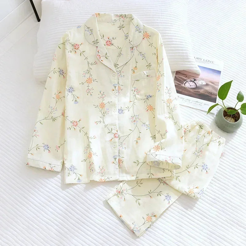 2025 Kimono Femme Maple Leaf Pajama Set | 100% Gauze Cotton Long Sleeve Sleepwear for Women | Autumn Pyjamas Hot Sale