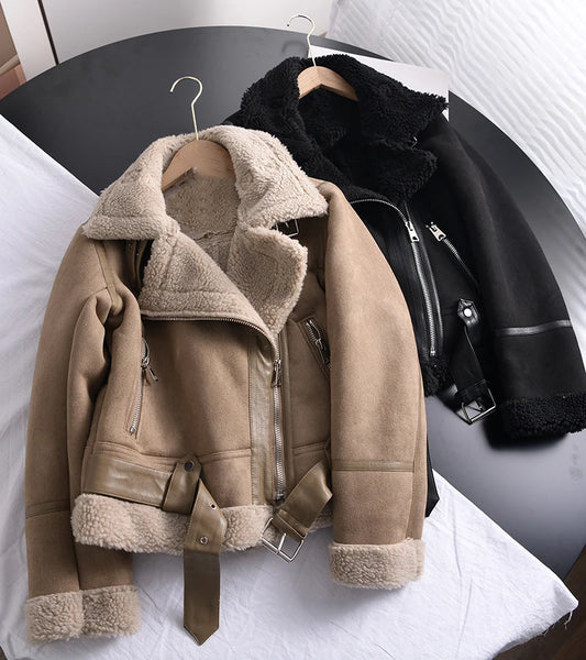 2025 Winter Women Warm Suede Lamb Jacket Short Motorcycle Faux Shearling Brown Coat