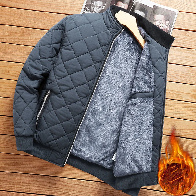 Men’s Autumn Winter Bomber Jacket – Diamond Pattern Fleece-Lined Slim Fit Coat