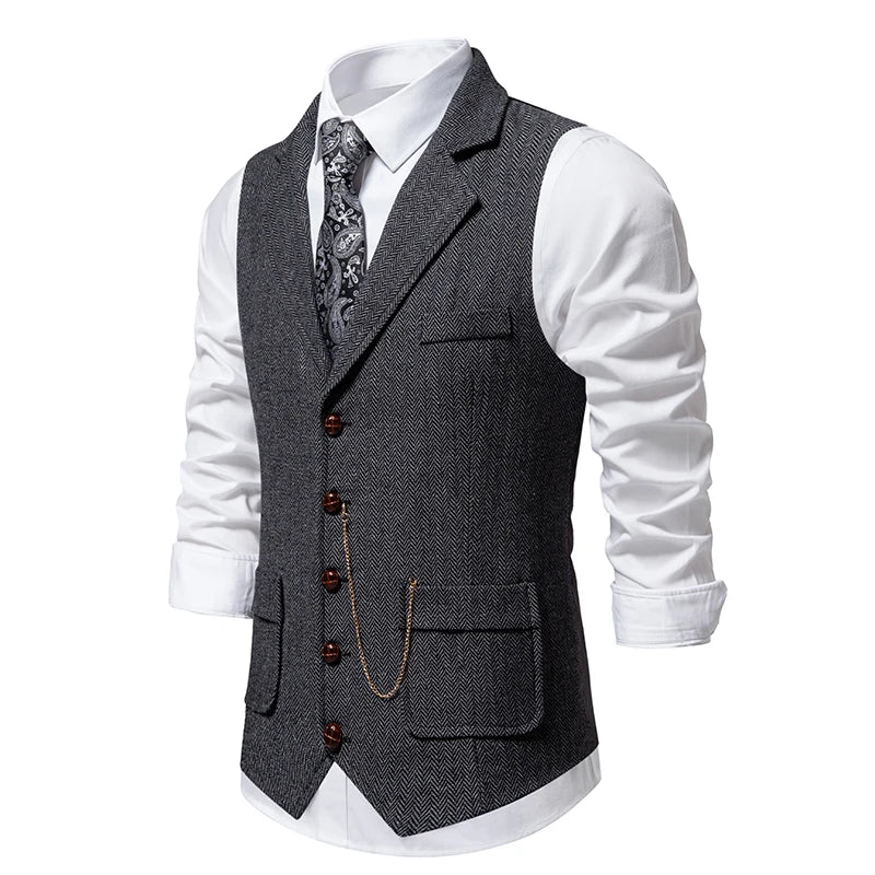 Men's Retro Tweed Suit Vest – Vintage Herringbone Gentleman Party Waistcoat