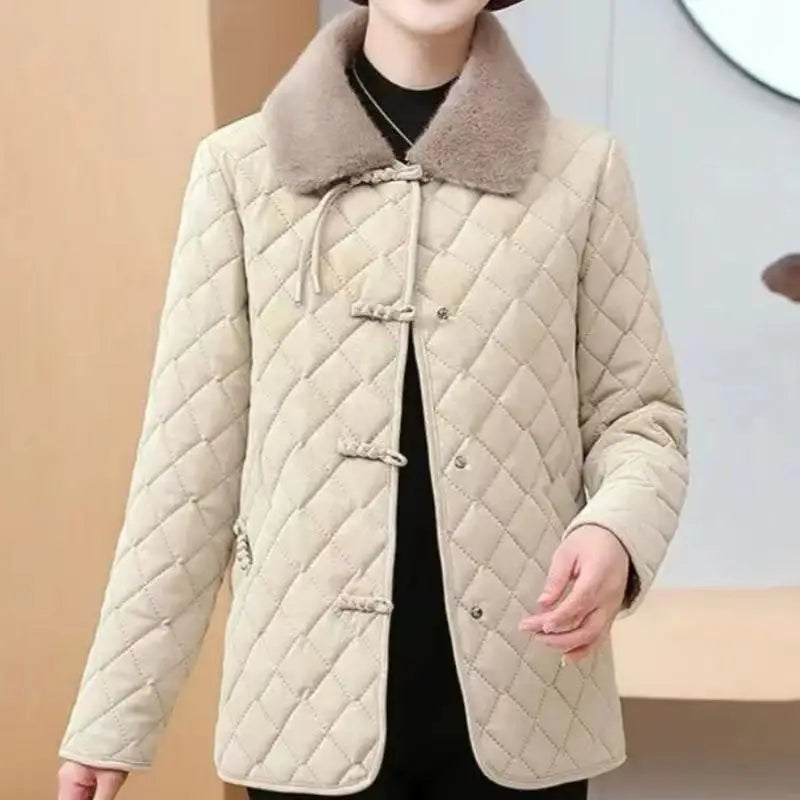 Winter Cotton Coat Women Lapel Warm Parka Quilted Plaid Cotton-Padded Overcoat