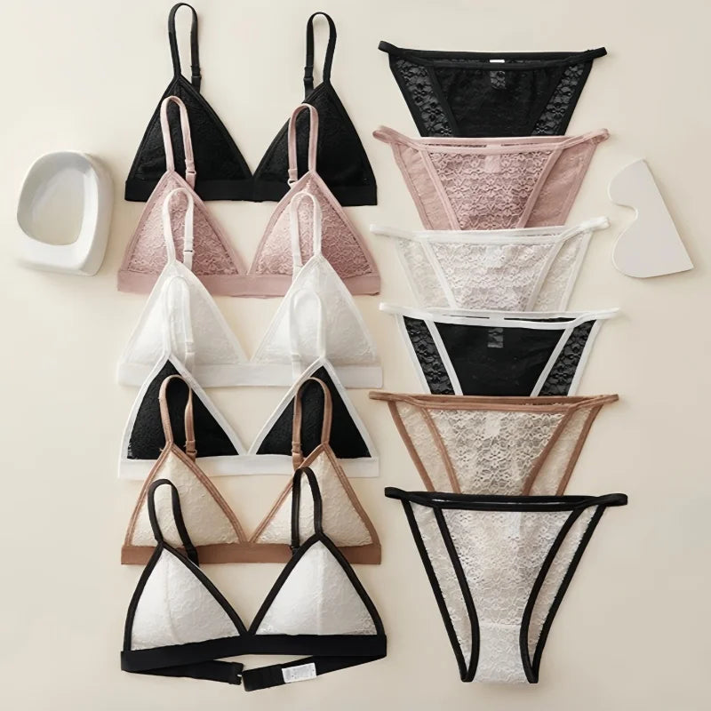 Women's Wireless Bra & Panties Set – Non-Wire Push Up Lace Bralette with Low Rise Panties, Sexy Lingerie