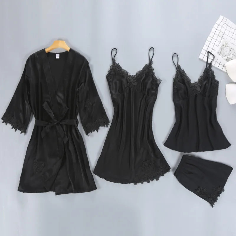 1/4/5PCS Women's Satin-Like Robe & Pajama Set | Lace V-Neck Cami Nightdress | Comfortable Home Sleepwear