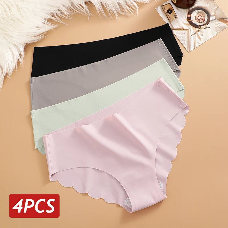 4PCS Set Women's Ice Silk Seamless Panties Solid Color Ultra Thin No Trace Elastic Underwear