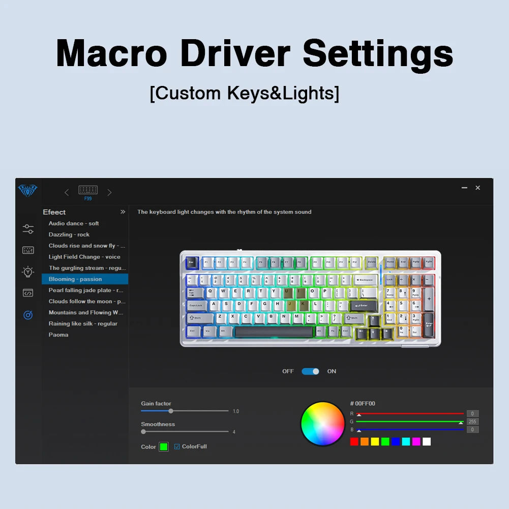 لوحة مفاتيح ميكانيكية للألعاب AULA F99 - 99 مفتاحًا قابلة للتبديل السريع، وضع ثلاثي 2.4 جيجاهرتز لاسلكي، بلوتوث وسلكي، أغطية مفاتيح PBT، حامل جوان، إضاءة خلفية RGB