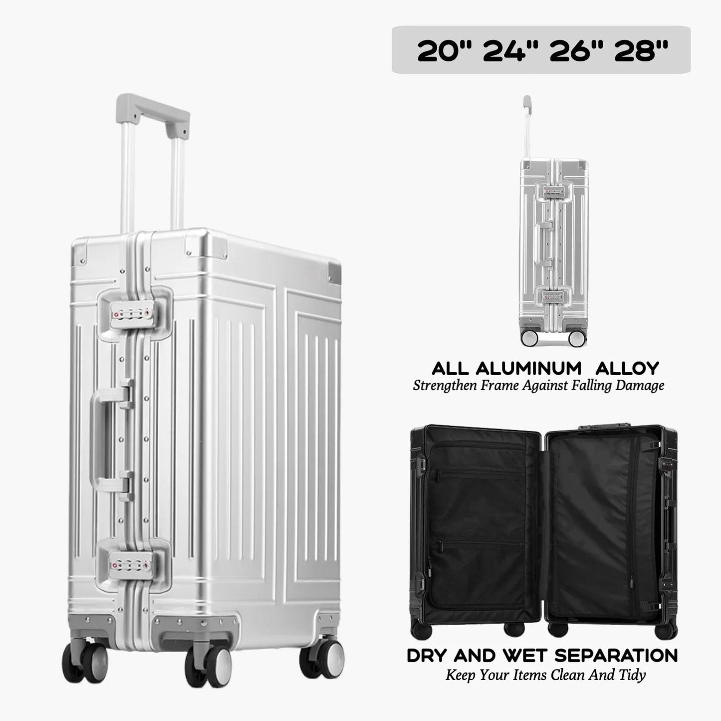 Silver suitcase with open side panel showing dry and wet separation, size options displayed.