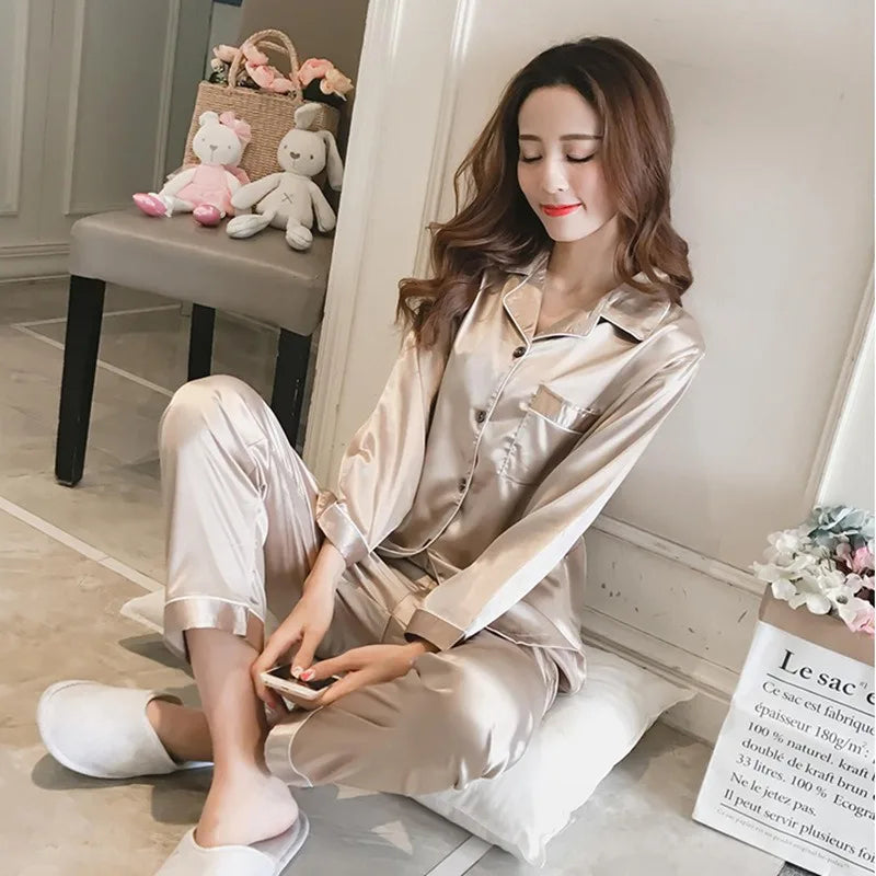 2025 Women's Silk Pajama Set | Long Sleeve Cardigan Ice Silk Sleepwear Home Clothing