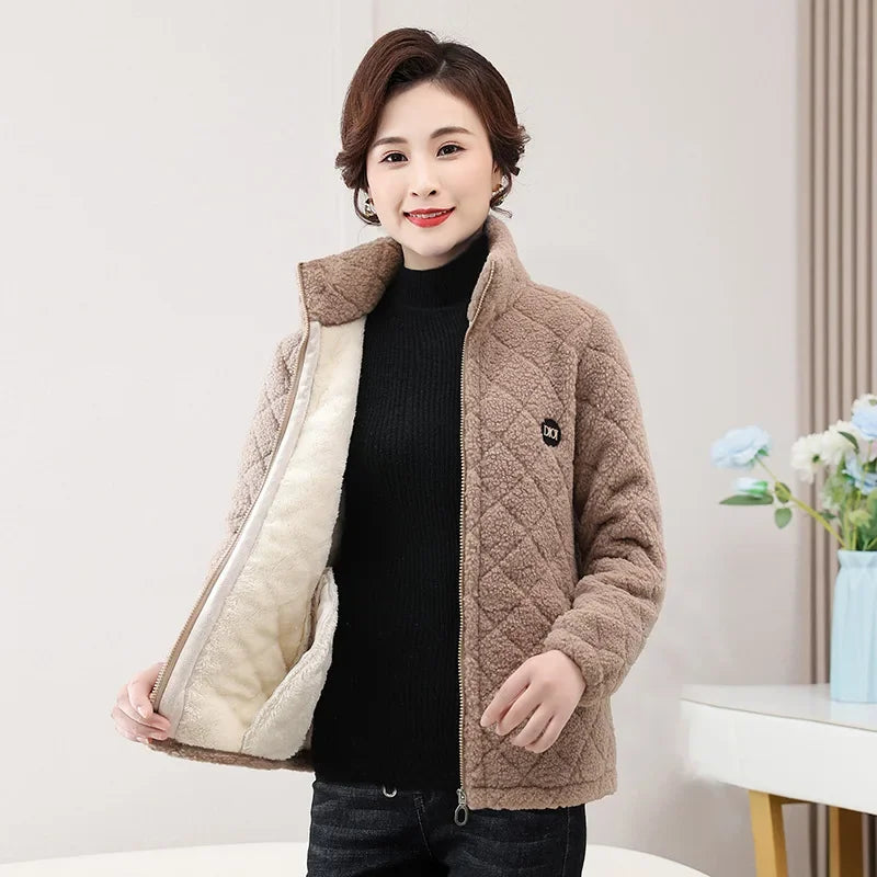 Middle-Aged & Elderly Women's Fleece-Lined Wool Sweatshirt Stand Collar Cardigan Winter Jacket