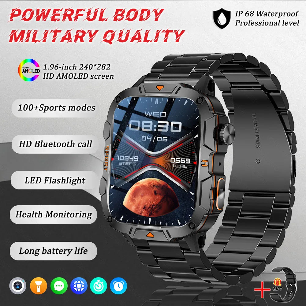 2025 New Military Smart Watch for Men – 1.96" AMOLED Display, 5ATM Waterproof Fitness Tracker | Bluetooth Call Smartwatch for Xiaomi