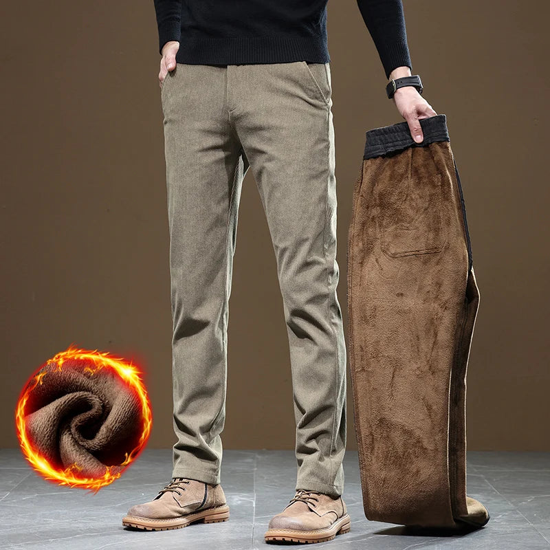 Men's Winter Fleece Corduroy Pants – Slim Fit Stretch Casual & Business Trousers