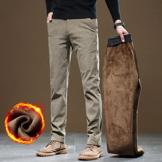 Men's Winter Fleece Corduroy Pants – Slim Fit Stretch Casual & Business Trousers