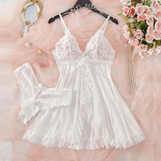 Women's Red Lace Mesh Nightdress | Elegant Deep V-Neck Sleepwear with Sheer Design | Lightweight Comfortable Homewear