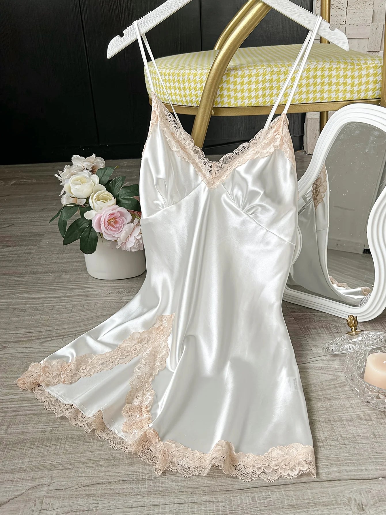 Women’s Satin V-Neck Chemise – Lace Trim Sexy Mini Nightdress, 1-Piece Sleepwear