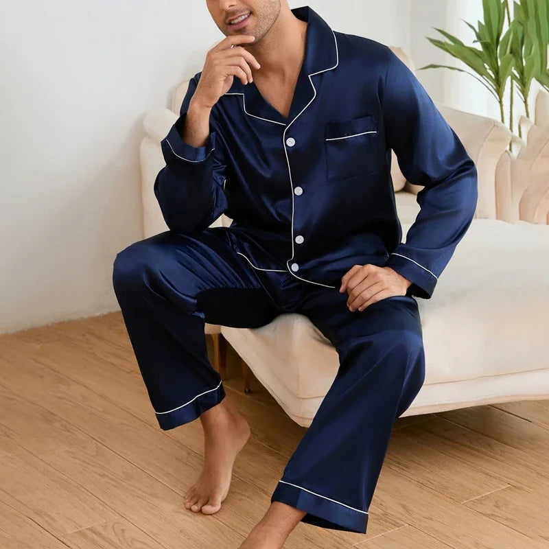 Men's Satin Pajama Set | Long Sleeve Top & Trousers | Soft Comfortable Autumn Sleepwear Loungewear