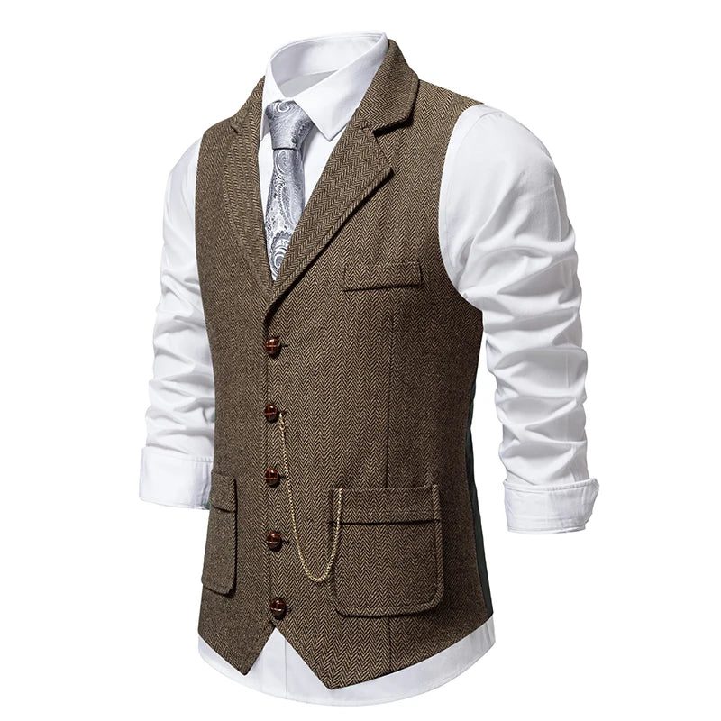 Men's Retro Tweed Suit Vest – Vintage Herringbone Gentleman Party Waistcoat