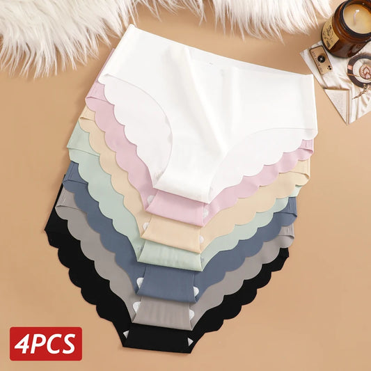 4PCS Set Women's Ice Silk Seamless Panties Solid Color Ultra Thin No Trace Elastic Underwear