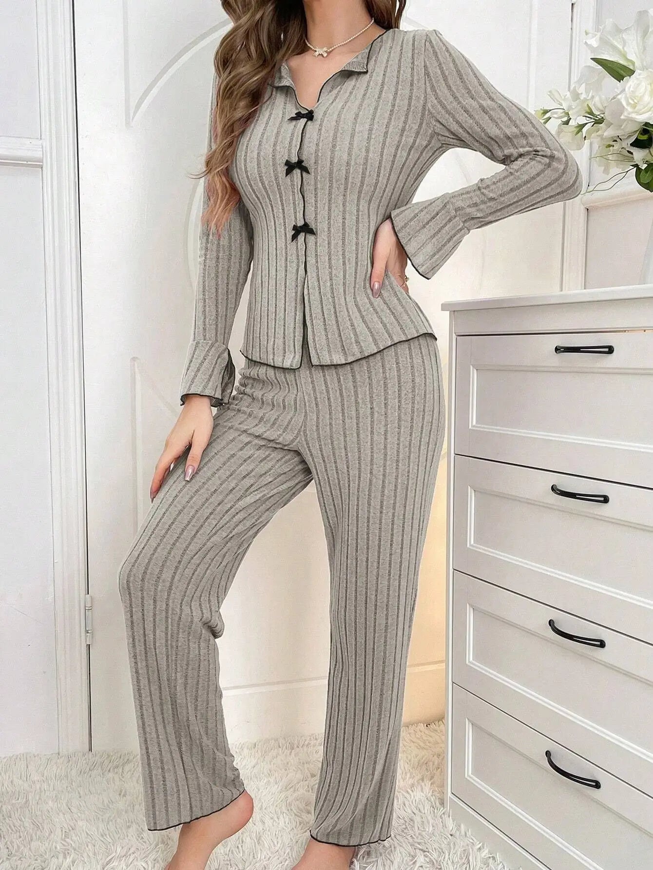 Women's Autumn & Winter Flannel Pajama Set | Warm Long Sleeve Lapel Top with Bow & Trousers | Cozy Home Sleepwear