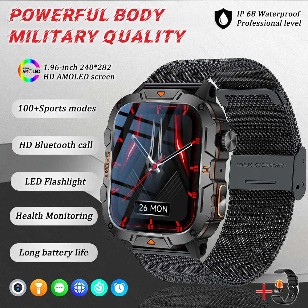 2025 New Military Smart Watch for Men – 1.96" AMOLED Display, 5ATM Waterproof Fitness Tracker | Bluetooth Call Smartwatch for Xiaomi