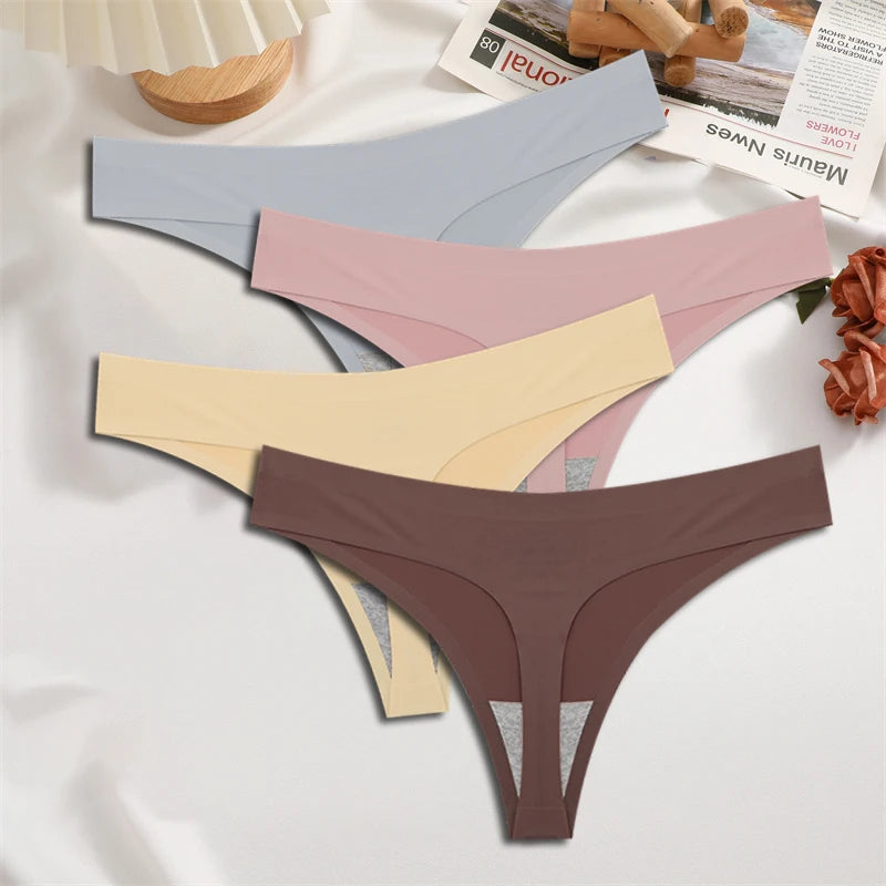 FINETOO 4PCS Women's Ice Silk Seamless Low Waist Thongs Sexy Solid Color Stretch Lingerie