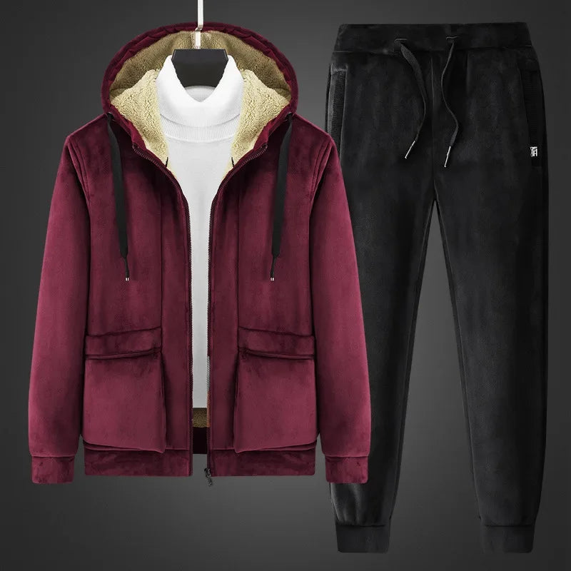 Men’s Winter Cashmere Fleece Tracksuit – Thick Warm Hooded Thermal 2-Piece Hoodie & Pants Set