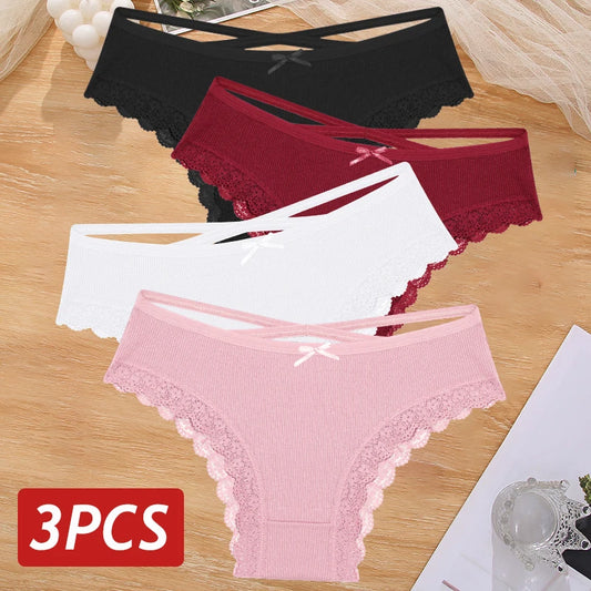 3PCS Set Women's Cotton Low Rise Lace Brazilian Panties Soft Breathable Bow Lingerie Underwear S-XL
