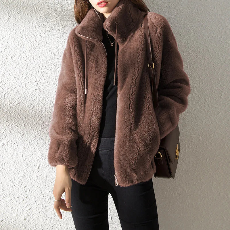 Winter Warm Double Coral Fleece Coat Women Stand Collar Plush Thick Loose Casual Long Sleeve Zipper Overcoat