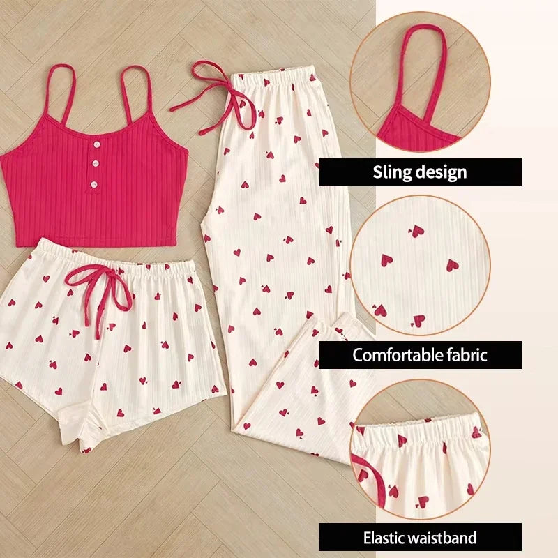 Three-Piece Women's Heart-Print Sleepwear Set — Vest, Shorts & Pants | Ribbed Casual Homewear