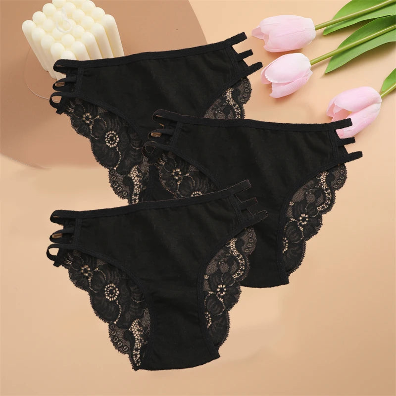 FINETOO 3PCS Women's Lace Floral Low-Waist Triple Belt Panties Soft Sexy Lingerie Underwear