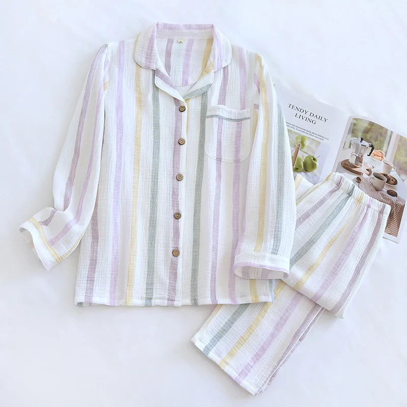 2025 Spring & Autumn Women's Pajama Set | 100% Cotton Crepe Long Sleeve Top & Pants | Cute Sweet Two-Piece Homewear