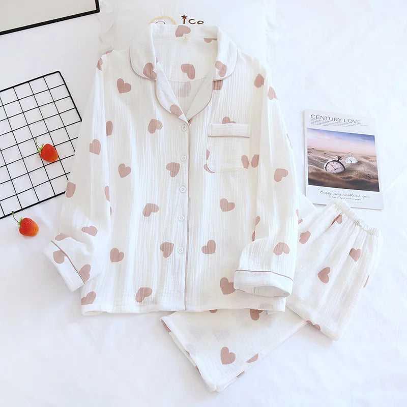 2025 Women's Polka Dot Pajama Set | 100% Cotton Gauze Two-Piece Spring Sleepwear & Loungewear