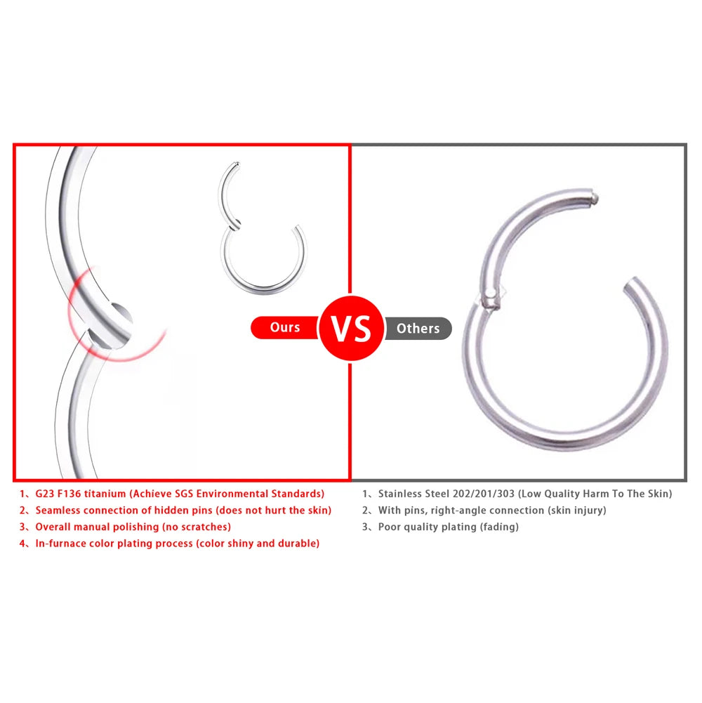 1/5Pcs Nose Rings & Lip Rings | G23 Titanium Piercing Jewelry for Women | Mixed Color Hoop Earrings & Body Clips Hinged