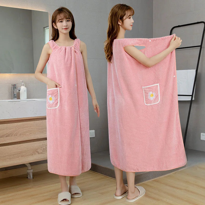 Wearable Bath Towel for Women - Absorbent Polyester Wrap Skirt Long Style Washable Bathroom Bathrobe