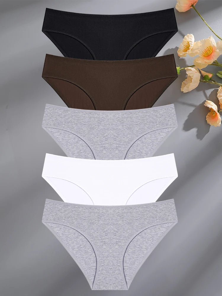 FINETOO 5PCS Set Women's Cotton Lingerie Panties S-XL Sexy Solid Color Underwear Briefs